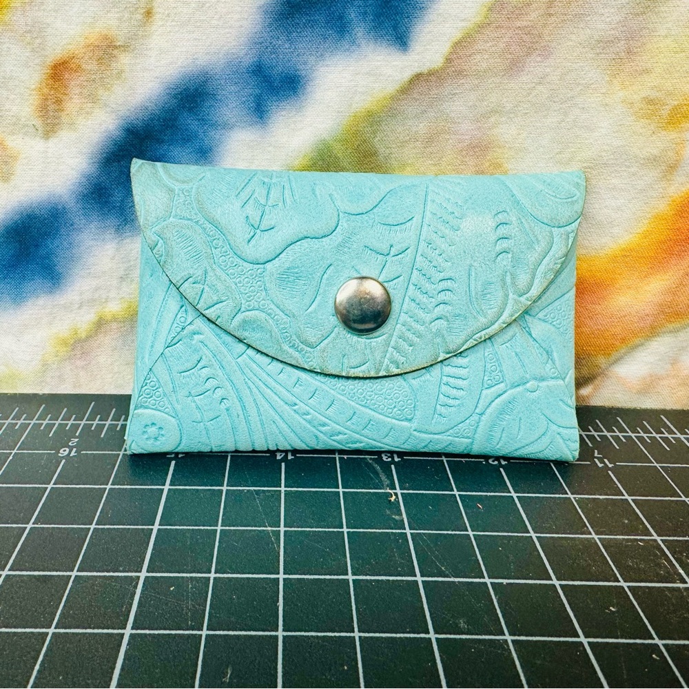 Limited run Leather Card Holder and Coin Pouch- Aqua blue embossed